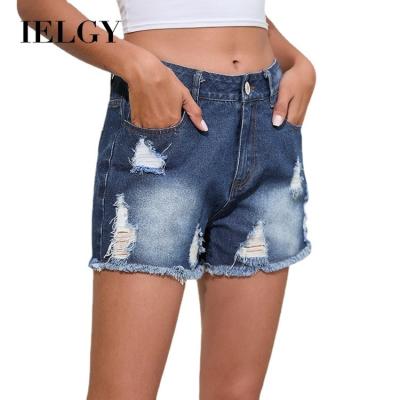 China IELGY Sustainable Women's Jeans Stitch Washed Ripped Mid Waist Denim Shorts Women for sale