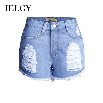 China IELGY Sustainable Women's Summer Wear Fringed Hole Edge Curly Shorts High Waist Raw Jeans for sale