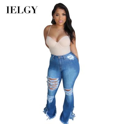 China IELGY Sustainable Fashion Women's Plus Size Jeans All-match Washed Ripped Pants Tassel Flare Pants for sale