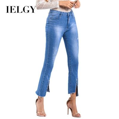 China IELGY Sustainable Spring And Summer New Ripped Pants Rivets Edge Split Vintage Micro Flared Pants Womens Jeans for sale