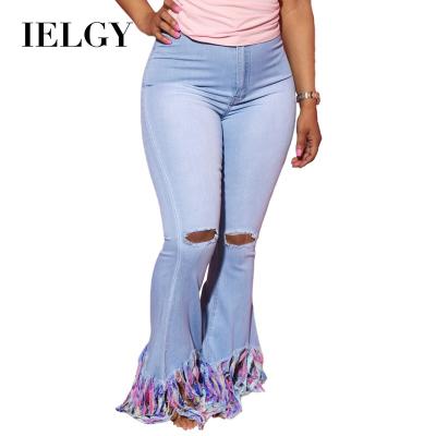 China IELGY Sustainable Fashion Plus Size Women's All-match Tassel Tie-Dye Jeans Women's Elastic Flare Pants for sale