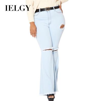 China Women's MM Large Size Jeans IELGY Fashion Knee Hole Sexy Elastic Slim Fit Slim Fit Fat Hole Jeans Flared Pants for sale