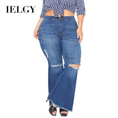 China Sexy viable plus size IELGY millimeter fat women's jeans fashion knee hole elastic slim fit flared pants for sale