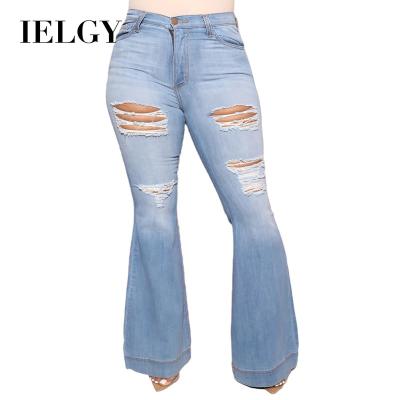 China Fashion IELGY millimeter fat women's jeans knee hole adjustment viable sexy slim waist stretch big flared pants women's jeans for sale