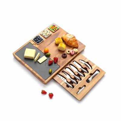 China Sustainable Wholesale Factory Oil Slate Stone Acacia Wood Cheese Board With Cutlery Drawer for sale