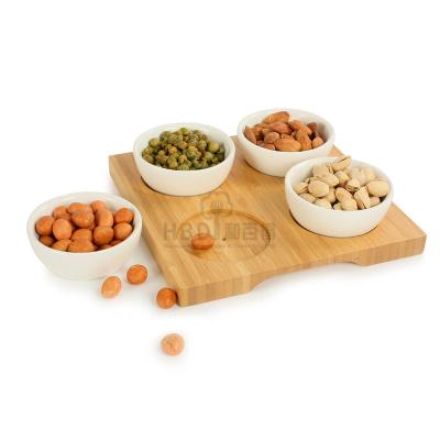 China Sustainable Easy Carry Elegant Design Bamboo Chip And Dip Tray With Removable Ceramic Bowl for sale