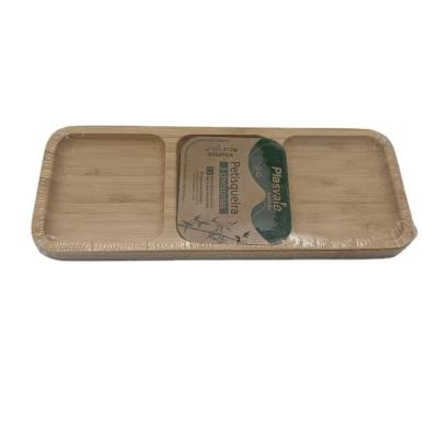 China Eco-friendly Bamboo Solid Wooden Bamboo Kitchenware Slot Appetizer Tray Three-Compartment Serving Tray for sale