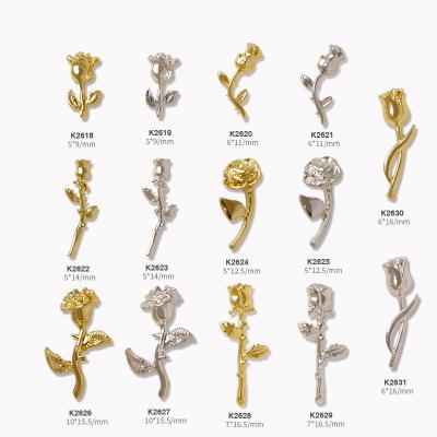 China Rose Series 10 Pcs Nail Art Alloy Jewelry Golden Silver 3D Metal Rose Nail Art Decoration for sale