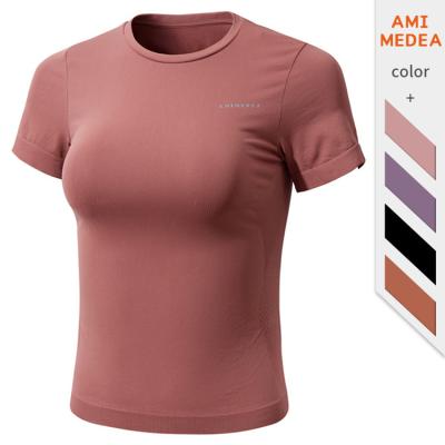 China Breathable Letter Sports Short Sleeve Gym Seamless T-shirt Top Women's Elastic Tights Yoga Suit for sale