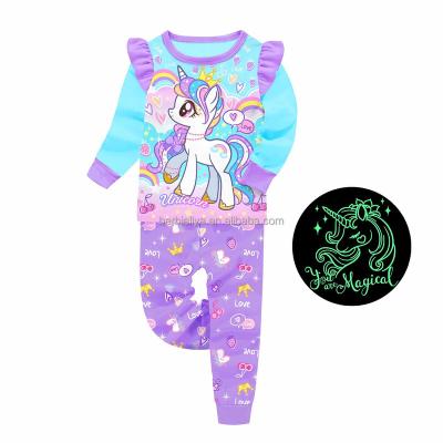 China Breathable Unicorn Cartoon Girls Clothing Designer Kids Sleepwear Glow In The Dark Kids Pajamas for sale