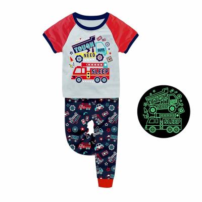 China 100% Cotton Barbieliya Factory Short Sleeve Set Boy Car Cartoon Design Kids Pajamas Glow In The Dark for sale