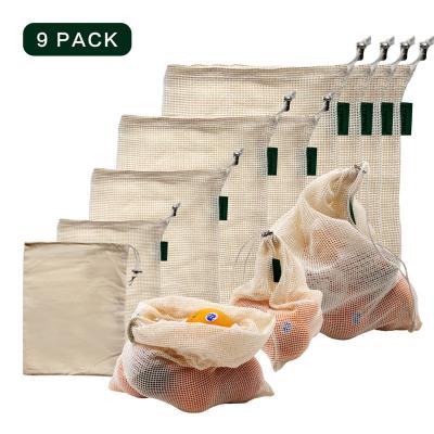 China 9 Pack Cotton Mesh Commodity Bag Set Folding Reusable Drawstring Net Bag for sale