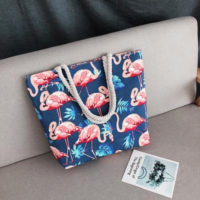 China 2021 New Canvas Rope Bag One-Shoulder Printing Simple Elegant Thick Double-Sided Bag Handled Handheld Beach Bag for sale