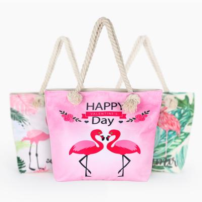 China Custom Flamingo Beach Bag Single Shouldered Canvas Large Volume Tote Bag for sale