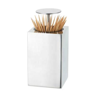 China Viable Round Toothpick Dispenser Press Stainless Steel Toothpick Holder Portable Retractable Toothpick Box for sale