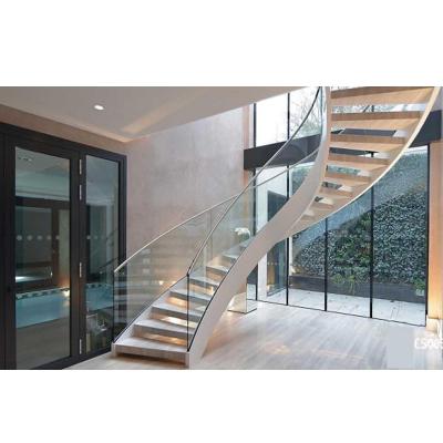 China Modern Luxury Outdoor /indoor Matel Staircase Tempered Glass Fencing Modern Curved Stairs Steel Staircase for sale