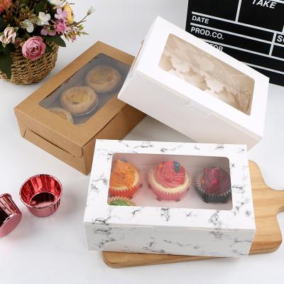 China Eco-friendly 2 4 Stock Recyclable Folding Kraft Paper Box 6 Holes Muffin Cupcake Bakery Cake Packaging Box For Food With Clear Window for sale