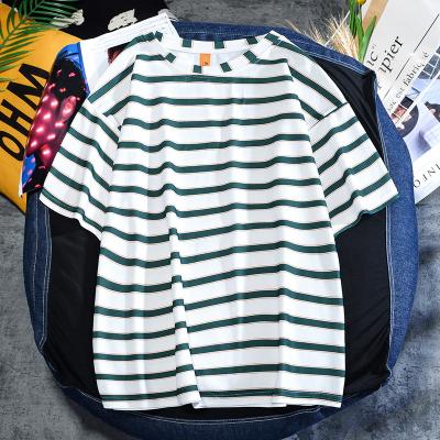 China Custom Short Sleeve Striped Couples Shirt Striped Couples Anti-wrinkle Anti-wrinkle LOGO LOGO Round Collar T-shirt for sale