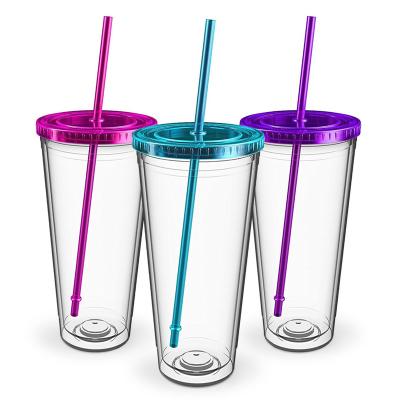 China Retail 24oz 700ml BPA Free Acrylic Reusable Sports Plastic Travel Tall Wall Drinks Insulated Cups Double Cups With Straws Lids for sale