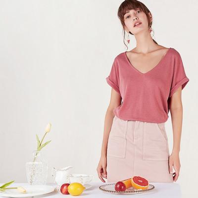 China Others 2022 Fashion High Quality Stylish Female V-Neckline Knitted Solid Color Red T-Shirts For Women for sale