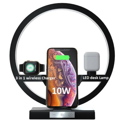 China 3 in 1 wireless charger with 2021 lamp customs lead desk lamp with 3 in 1 mobile phone charger wireless station for sale