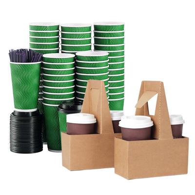 China Cheap Customized Biodegradable Take Away Disposable Craft Papercup Drink Wrapping Paper Coffee Tea Carrier Disposable Paper Cup Holder With Handle for sale