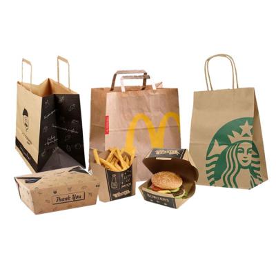 China Recyclable Logo Printed Large Size Flat Handle Grocery Food Deli Packaging Custom Restaurant Take Away Brown Kraft Paper Carrier Bag for sale