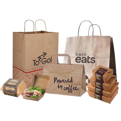 China Custom Recyclable Logo Print With Handle Recycled Restaurant Food Catering Catering To Go Outlet Packaging Brown Kraft Paper Bag for sale