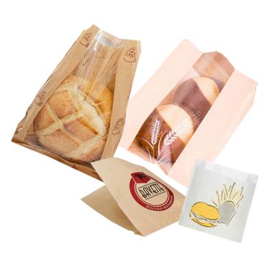 China Recyclable Logo Printed Bakery Brown Kraft Greaseproof Custom Bread Food Grade Packaging Paper Bags With Window for sale