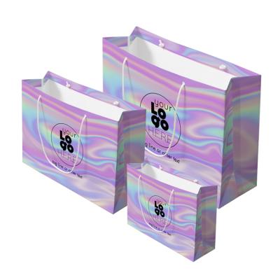 China Recyclable Custom Logo Printed Party Favors Wedding Foil Wrapping Holographic Gift Bags With Handle for sale