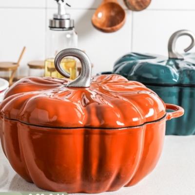 China Sustainable New Design Pumpkin Shape Enamel Pot Set Casserole Glazed Cast Iron Pots for sale