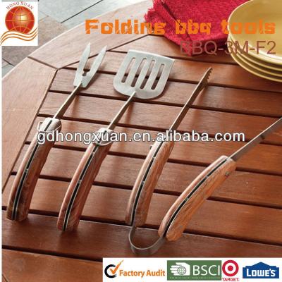 China Easily Cleaned Folding BBQ Tool Stainless Steel Three Piece Folding Tool With Wooden Case for sale