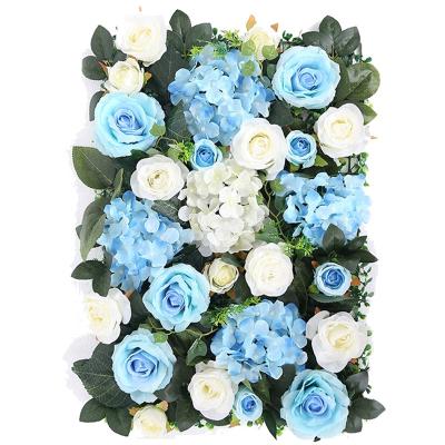 China Eco-Friendly Flower Decoration Wall Wedding Deco Backdrop Stand Up Artificial Plastic Silk Rose And Hydrangea Panels Outdoor Christmas for sale