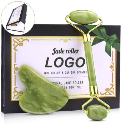 China Custom Label Beauty Box Face Skin Massage Xinyi Stone Anti Aging Jade Roller And Gua Sha Face Facial Roller For Face Massager Tool for sale