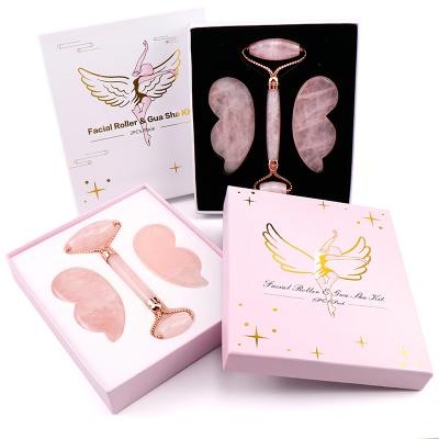 China Custom Shape Anti Aging Jade Facial Roller Set Rose Quartz Pink Angel Wings Face Gua Sha for sale