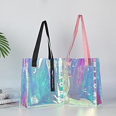 China Clear Plastic Gift Handled Logo Tote Shopping Bag Printable PVC Handbag Colorful Gel Laser Factory Supply PVC for sale