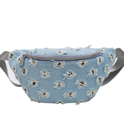 China New Anti-theft Canvas Ripped Leisure Women Men Increasing Cute Border Fanny Pack Crossbody Phone Denim Waist Bag for sale