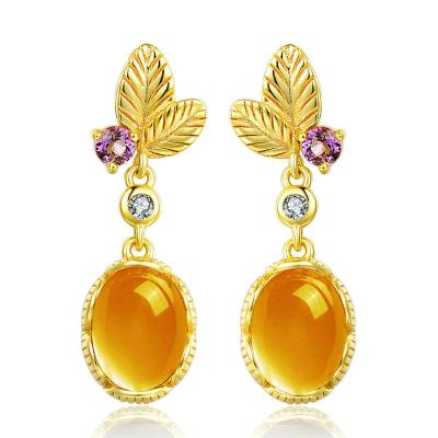 China BOHEMIA Dropshipping S925 Sterling Silver Treasure Jewelry Egg shaped citrine gold plated earring wholesale jewelry 14k earrings for sale