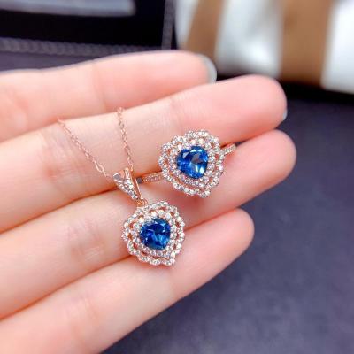 China Ethnic Blue Topaz Set Ring Pendant Micro Inlaid Diamond Heart Of The Sea Necklace 24K Gold Color Jewelry For Woman for sale