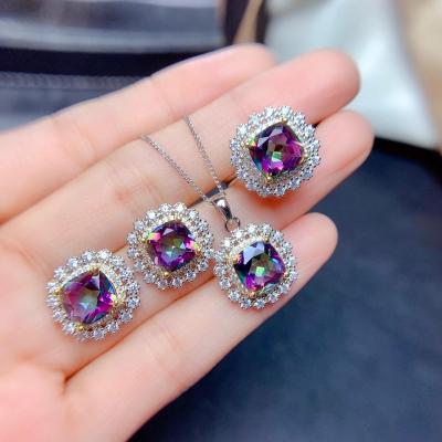 China Vintage Colorful Crystal Jewelry Set Sky Blue Topaz Necklace Ring Pendant Stud Earrings Set For Woman for sale