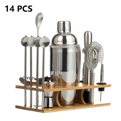 China Durable Food Grade Stainless Steel Mirror Sieve Polishing Shaker Polishing Cocktail Shaker Set With Bamboo Stand for sale