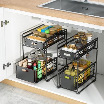 China Black 2-Tier Workable Under Sink Cabinet Organizer Spice Rack Kitchen Spice Storage Rack for sale