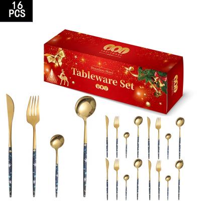 China 16Pcs Portugal Utensils Christmas Flatware Stainless Steel Cutlery Spoon Gold Flatware Party Viable Set for sale