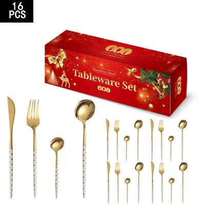 China Portugal Utensils 410 Christmas Flatware Stainless Steel Cutlery Set Sustainable Gold Cutlery 16 Pcs Set for sale