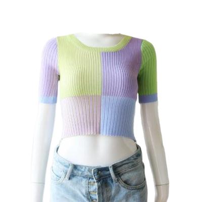 China 2021 Anti-wrinkle Women's Fashion News Color Matching Knitted T-shirt for sale