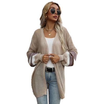 China 2021 Anti-Wrinkle Autumn Women's Clothing Color Contrast Anti-Wrinkle Loose Fit Front Cardigan Medium Length Knitted Sweater for sale