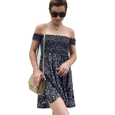 China Anti-Static Floral Print Vintage Neck Mini Sleeve Mini Dress Women Summer Shorts Elastic Square Dresses for sale