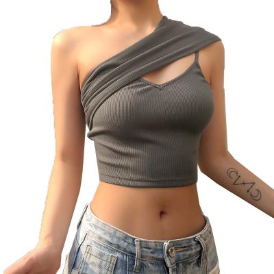 China Solid Color Bodycon Anti Pilling Collar Gray Wrapped Oblique Yarn Knitted Ribbed Tank Tops Women Crop Tops for sale