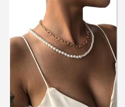 China TRENDY Europe and America fashion gold pearl clavicle chain multilayer necklace for women wholesale for sale