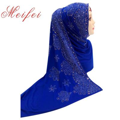 China Polyester Fashion Muslims Rhinestone Flower Blue Scarf Muslim Hijab Scarves Long Shiny Women Muslim Hijab Scarf for sale